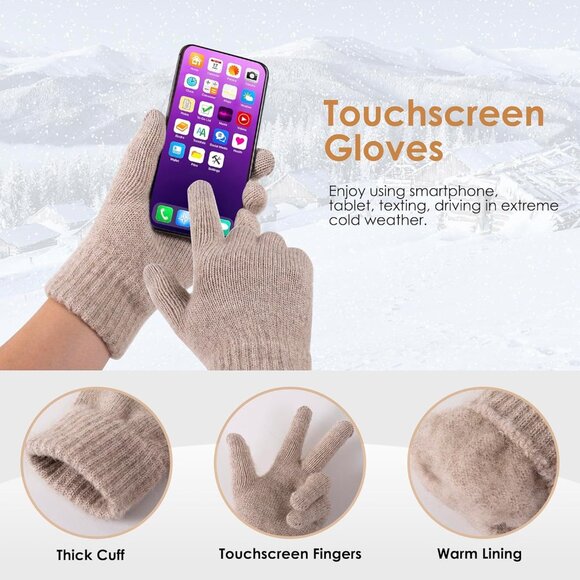 Women's Fleece-Lined Winter Beanie and Touchscreen Gloves Set - Warmth & Style - Picture 4 of 6